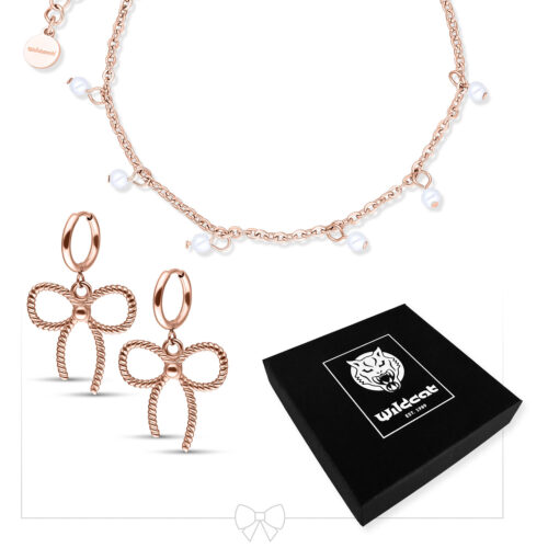 Little Pearl Bracelet with Twisted Bow Hoops Set - Roségold