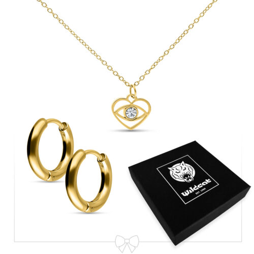 Little Dangling Eye Necklace with Hoops Set - Gold