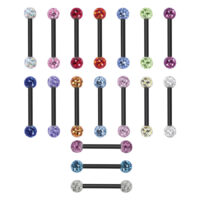 Schwarze Titan Barbell Piercings mit verschiedenen farbigen Kristallkugeln auf weißem Hintergrund