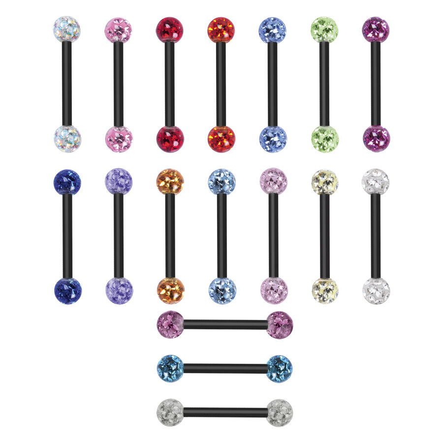 Schwarze Titan Barbell Piercings mit verschiedenen farbigen Kristallkugeln auf weißem Hintergrund