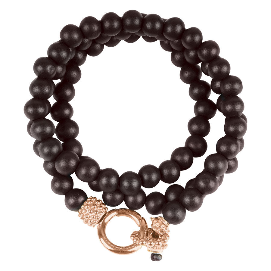 Unisex Armband aus schwarzen Ebenholzkugeln mit goldfarbener Schließe auf weißem Hintergrund