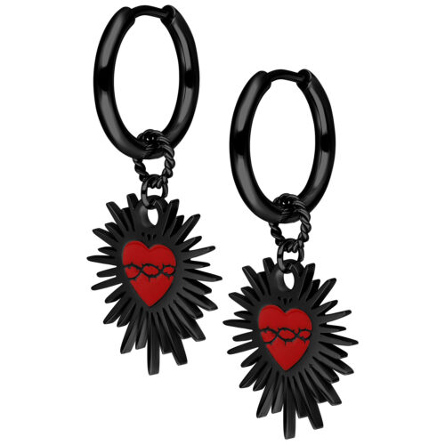 Enamel Sacred Heart Barbed Wire Hoops Pair - Schwarz