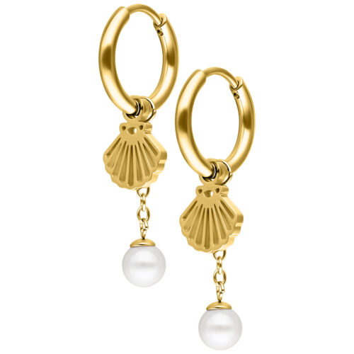 Mini Shell with Pearl Hoops Pair - Gold