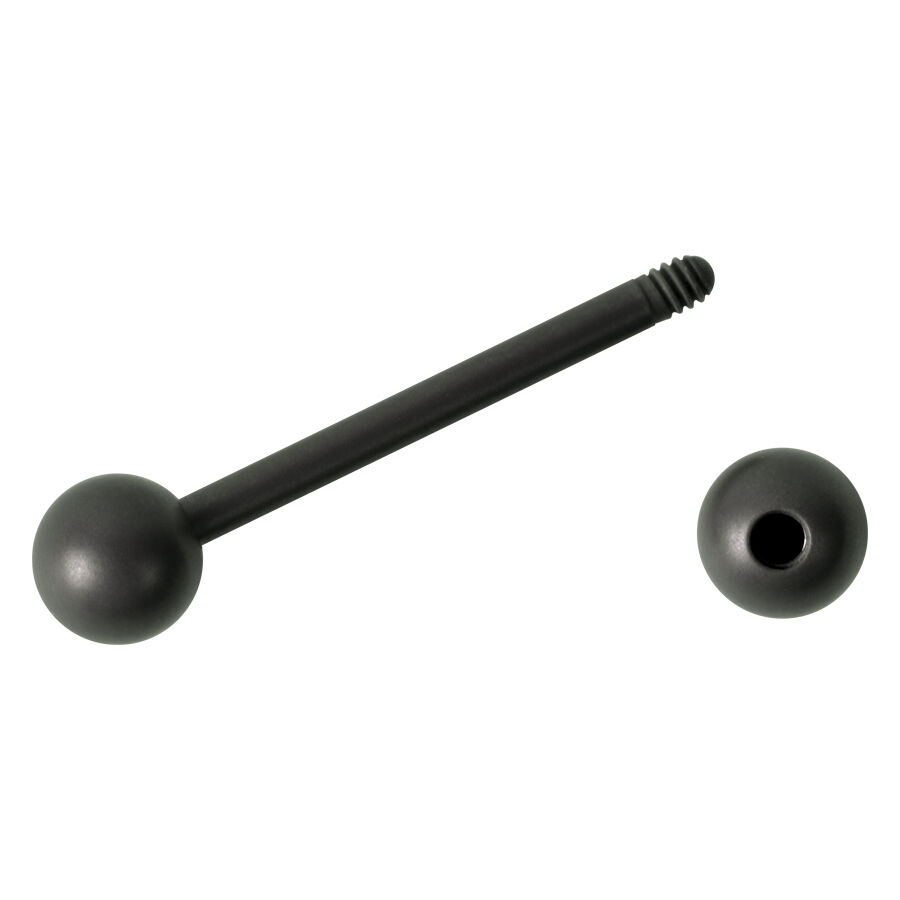 Graphitfarbene Titan Barbell mit Außengewinde und Kugel auf weißem Hintergrund
