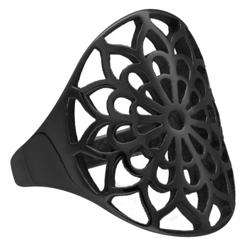 Schwarzer Boho-Ring mit Blumenmuster aus Chirurgenstahl, Größe 17 mm