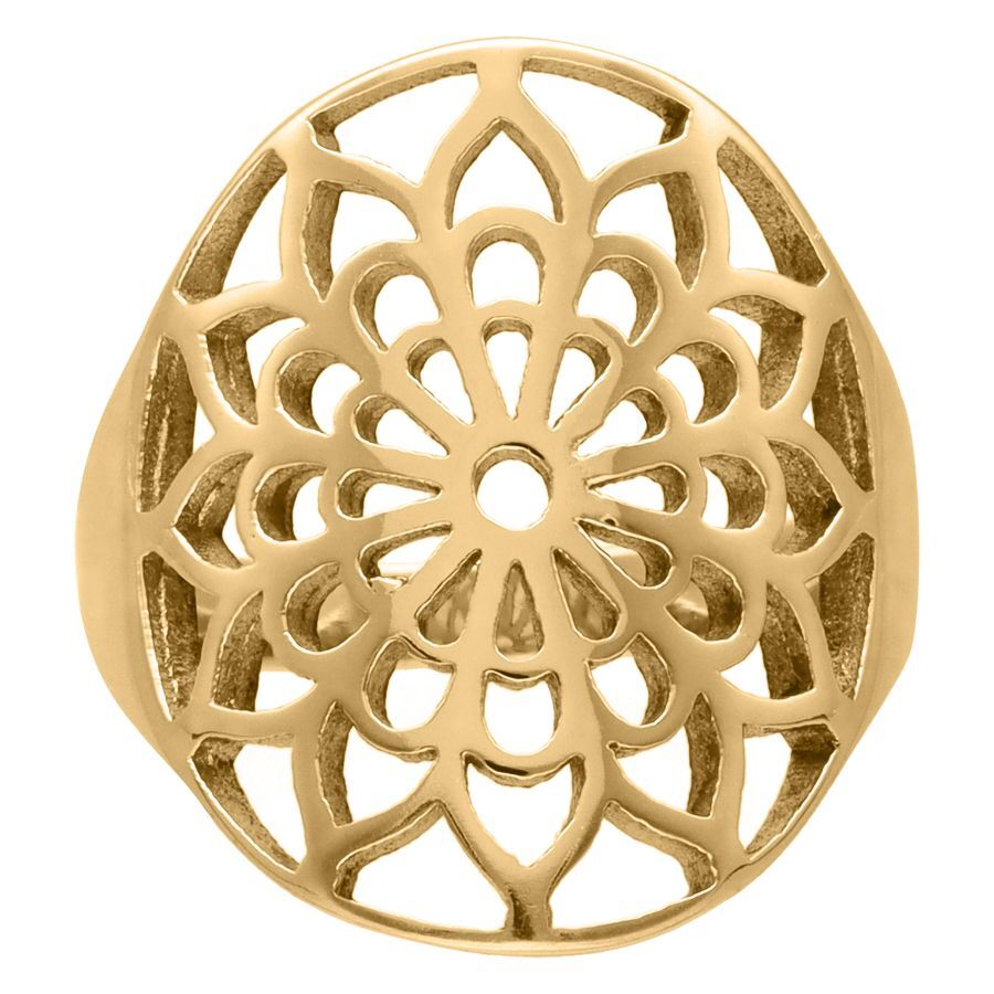 Goldener Boho-Blumenring aus Chirurgenstahl 316L auf weißem Hintergrund