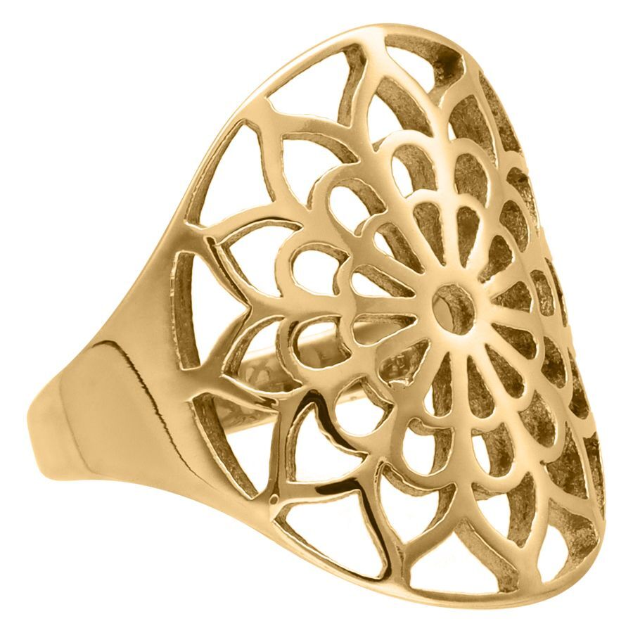 Goldener Boho-Ring mit Blumenmotiv auf schlichtem Hintergrund