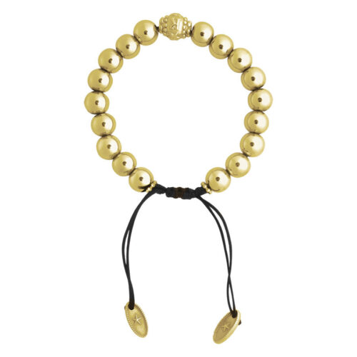 Goldenes Armband mit runden Perlen und schwarzem Band auf weißem Hintergrund