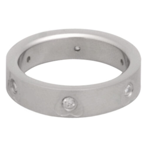 Silberner Fingerring aus Chirurgenstahl mit klaren Kristallen auf weißem Hintergrund