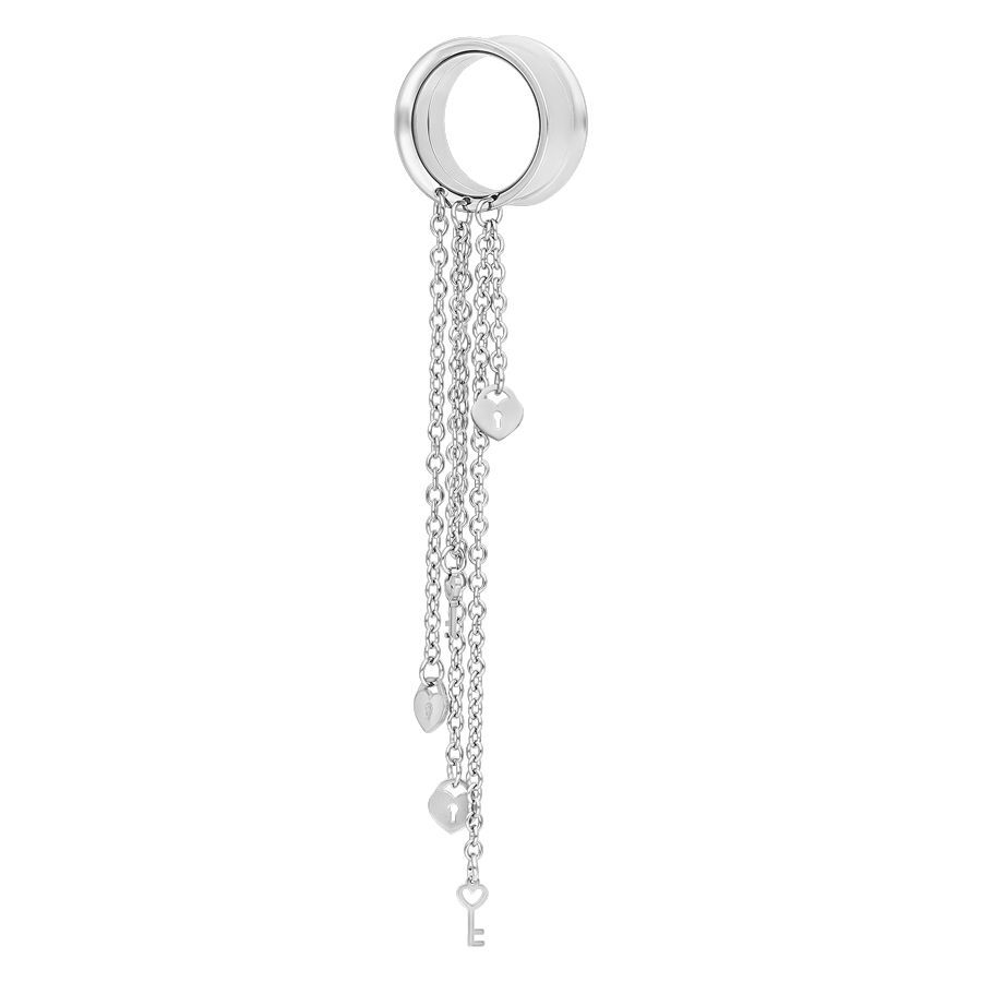 Silberner Tunnel aus Chirurgenstahl mit langen Ketten und Anhängern auf weißem Hintergrund