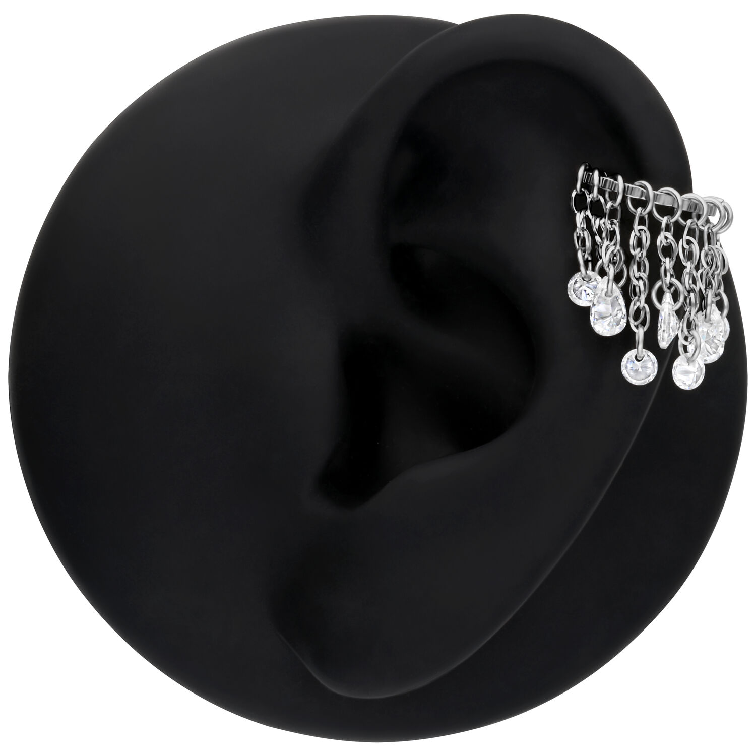 Silberner Waterfall Crystal Clicker mit klaren Kristallen Silberner Piercing-Ring mit klaren Kristallen an künstlichem Ohr