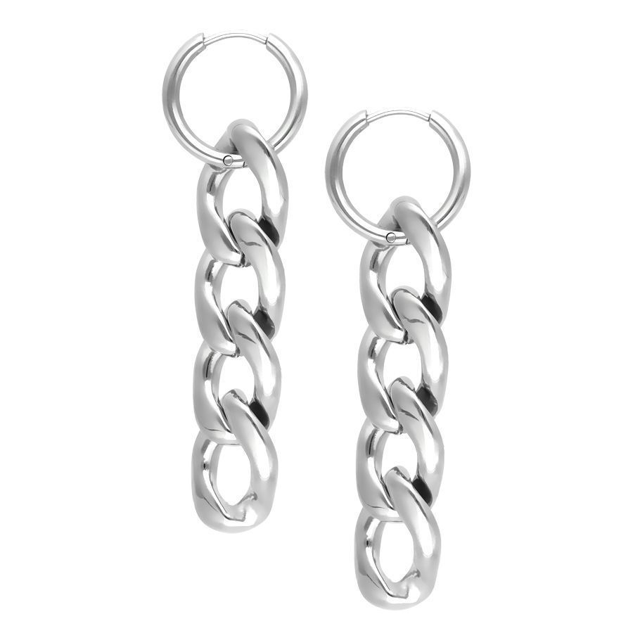 Silberne Little Chunky Hoops Ohrringe Zwei silberne Chunky Hoops Ohrringe aus Chirurgenstahl auf weißem Hintergrund