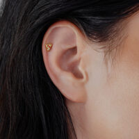 Goldener Pizza-förmiger Aufsatz im Ohr, klare Kristalle, glänzendes Titan.