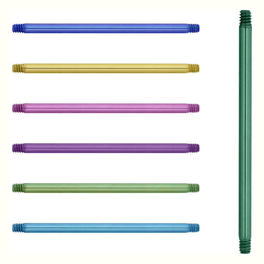 Sieben titanfarbene Gerade Stäbe in Lila, Hellgrün, Dunkelblau, Violett und Hellblau auf weißem Hintergrund