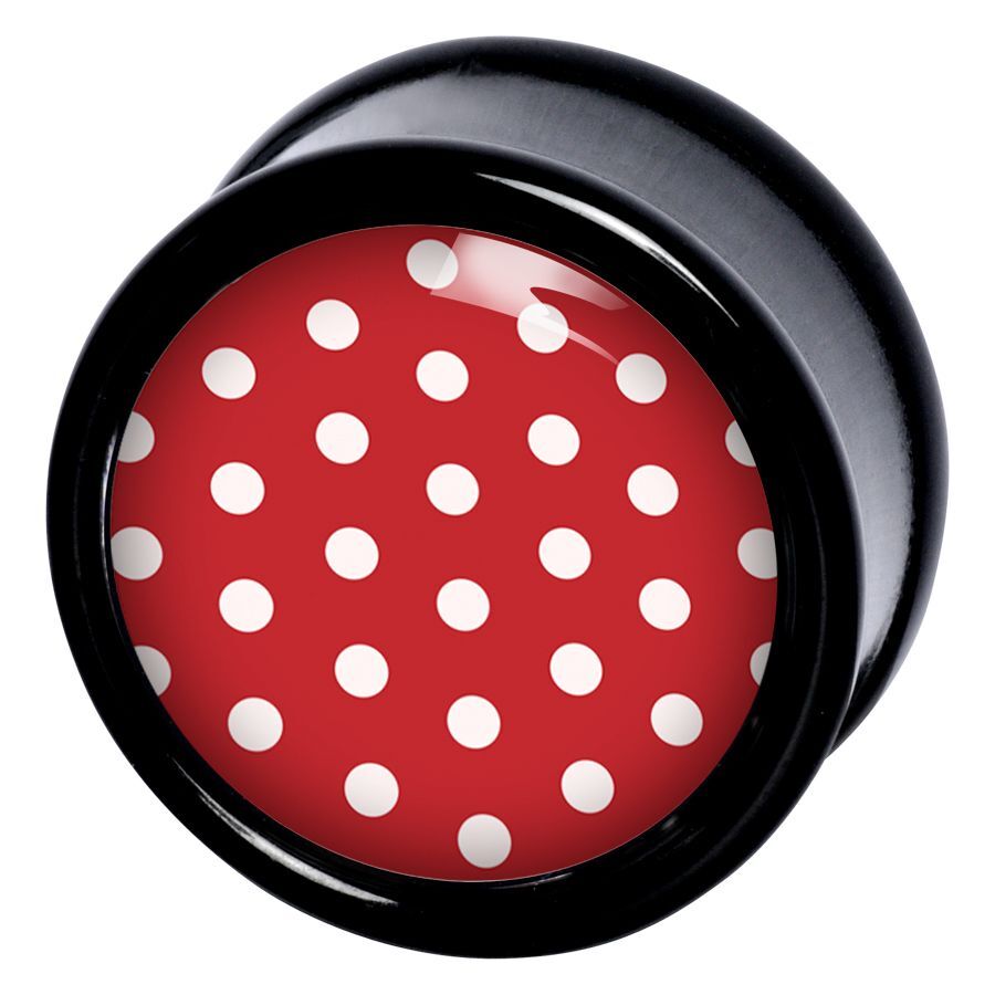 Roter Polka Dots Plug aus PMMA Roter Plug mit weißen Punkten auf schwarzem Rand, Studiohintergrund