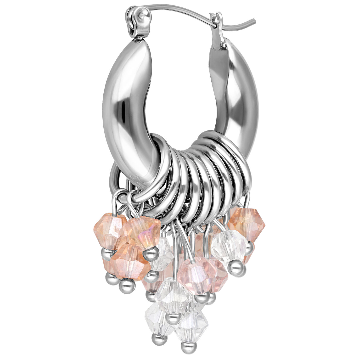 Silberne Glamour Hoops mit Kristallanhängern Silberne Ohrringe mit mehreren Kristallanhängern auf weißem Hintergrund