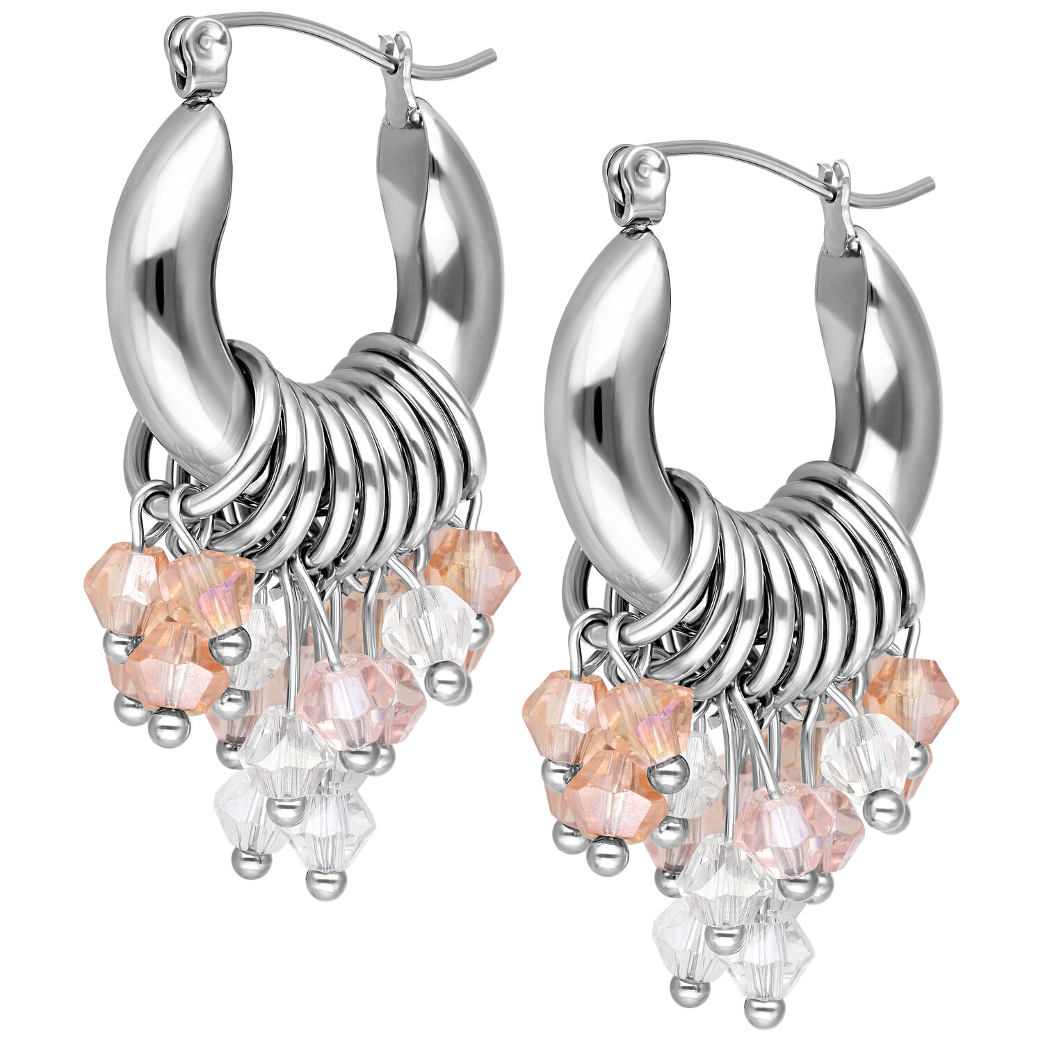Glamouröse Creolen mit Kristallen in Silber Silberne Creolen mit hängenden rosa und klaren Kristallanhängern auf weißem Hintergrund
