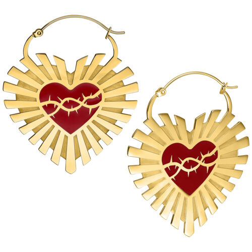 Barbed Wire Sacred Heart Hoops Pair - Gold
