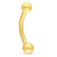 Goldenes Microbananabell Piercing aus 18K Gold mit zwei Kugeln auf weißem Hintergrund