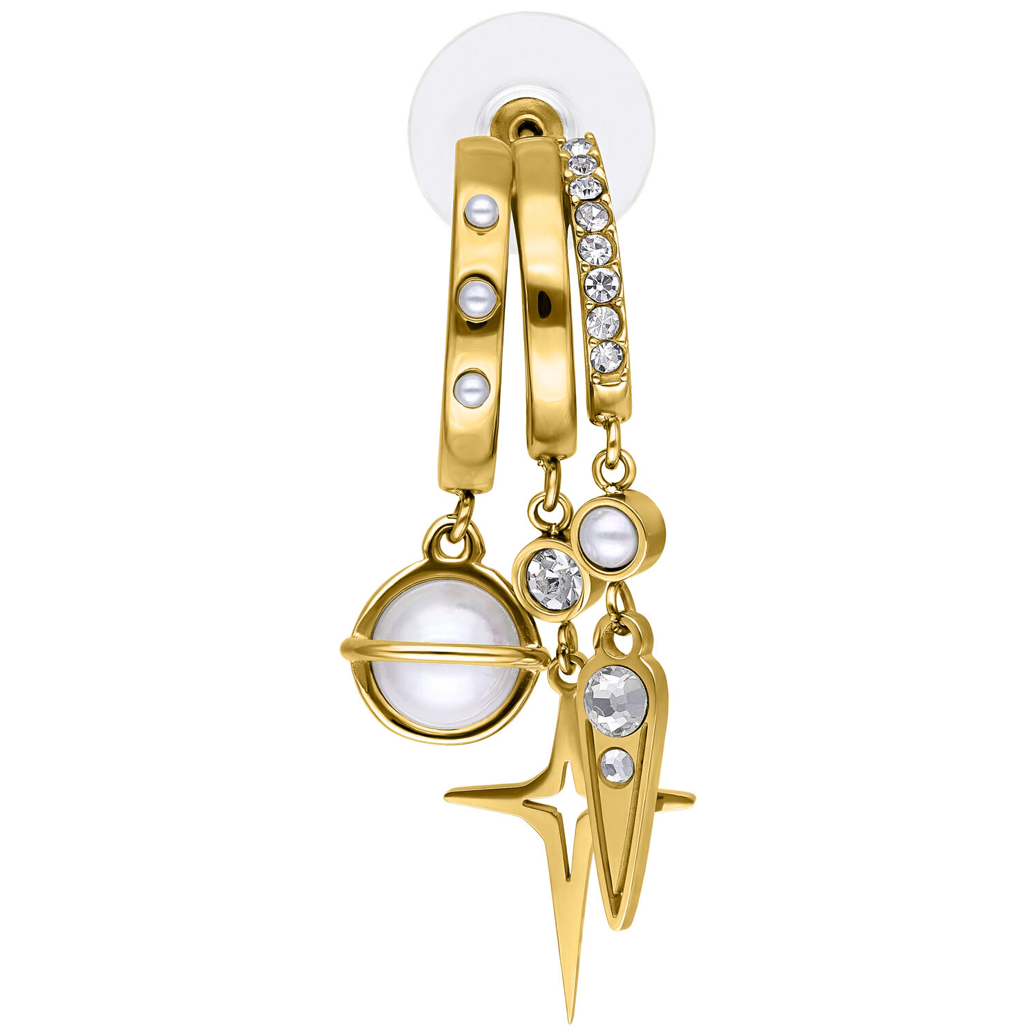 Goldene Pearl Starlight Ohrstecker Goldene Ohrstecker mit Perlen und funkelnden Kristallen auf weißem Hintergrund
