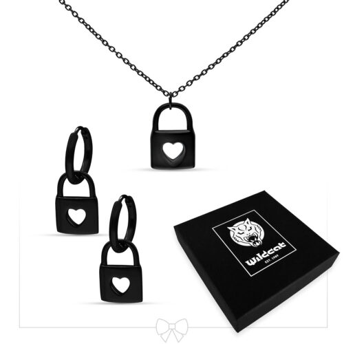 Little Lock Necklace with Hoops Set - Schwarz