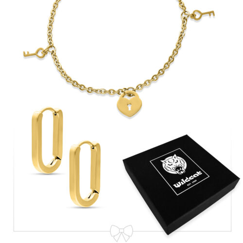 Little Key Lock Bracelet with Hoops Set - Gold