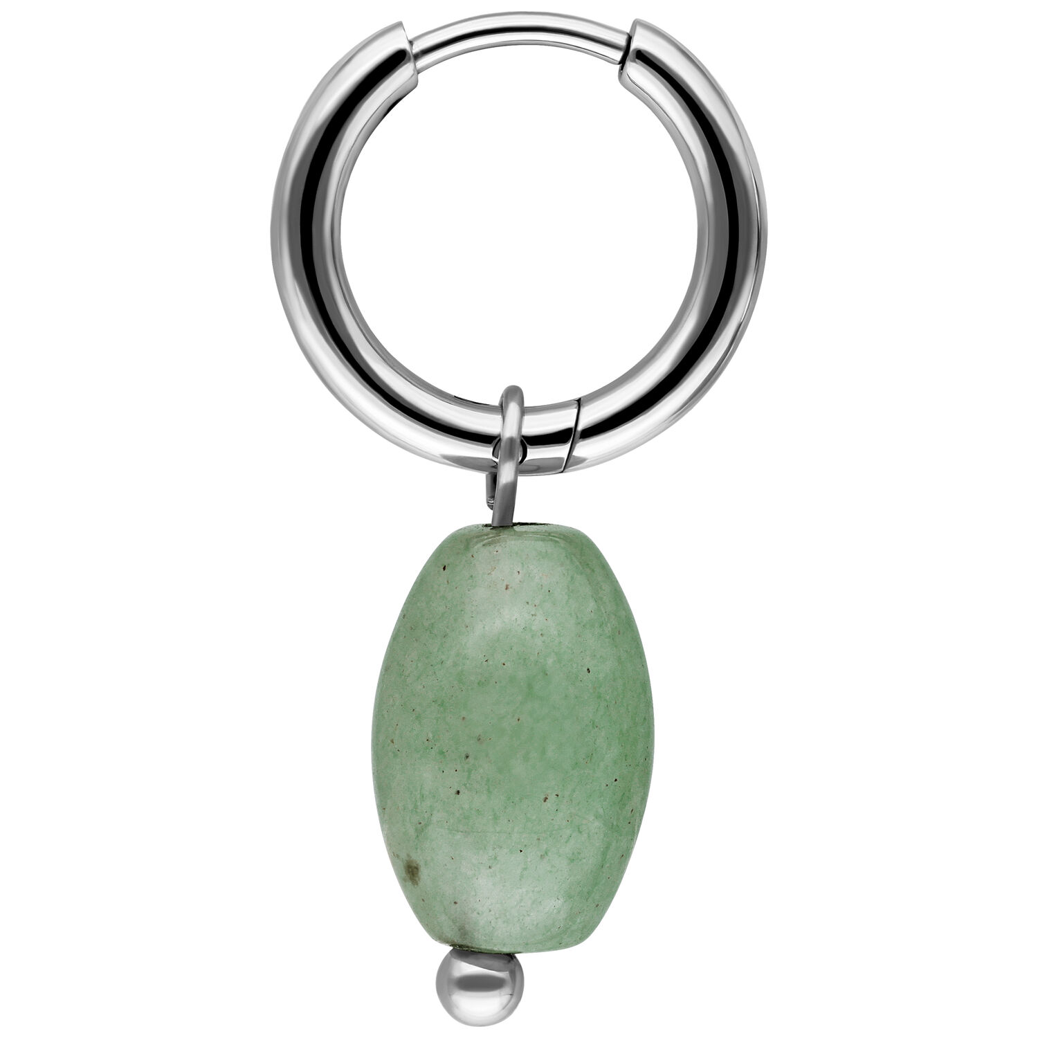 Silberner Ohrring mit grünem Aventurin-Anhänger auf weißem Hintergrund