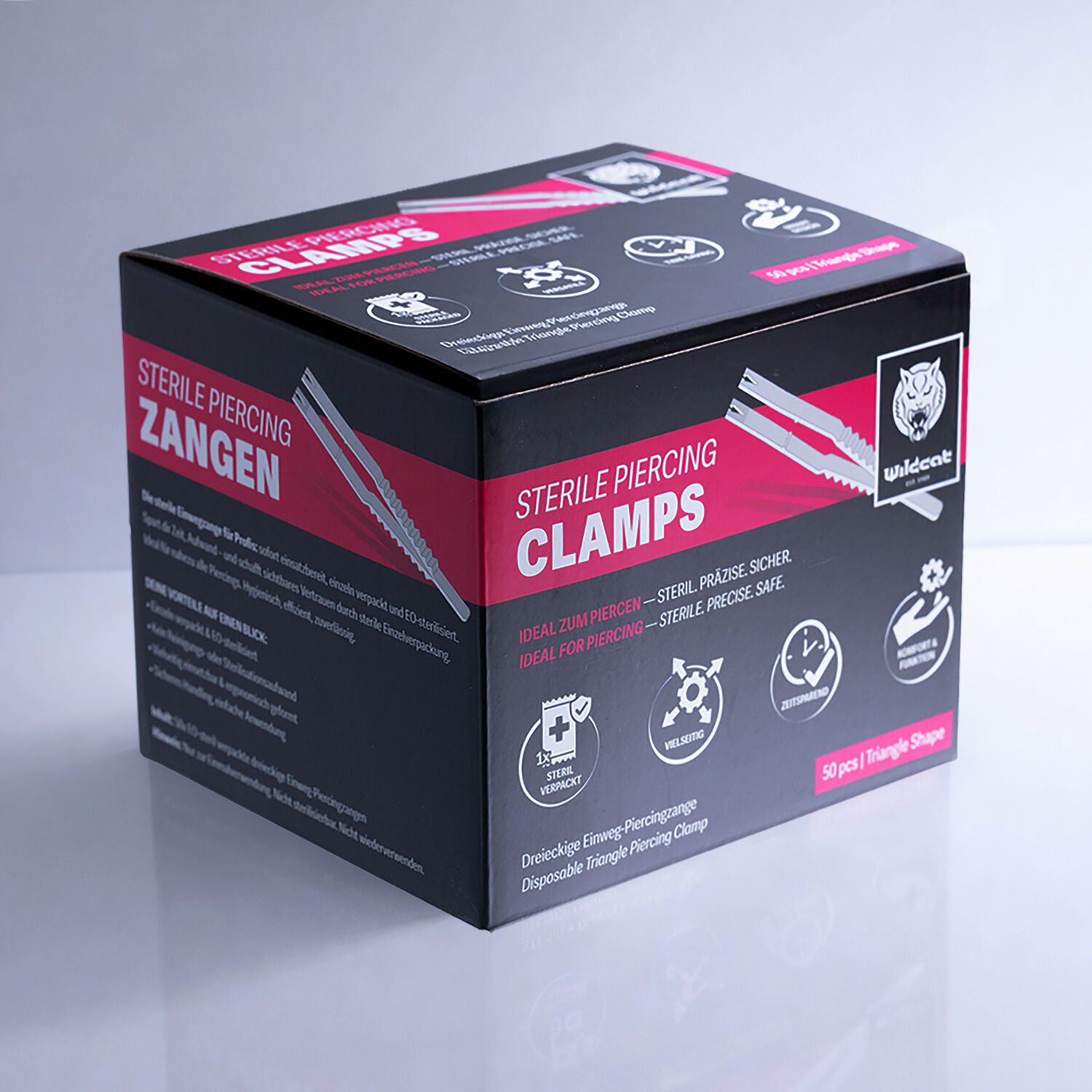 Schwarze Box mit rotem und weißem Design, Wildcat-Logo, 50 sterile Triangel Piercingzangen
