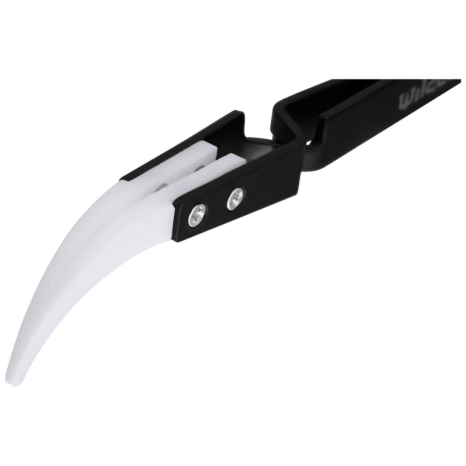 Schwarze Zange mit gebogener weißer Keramikspitze auf weißem Hintergrund