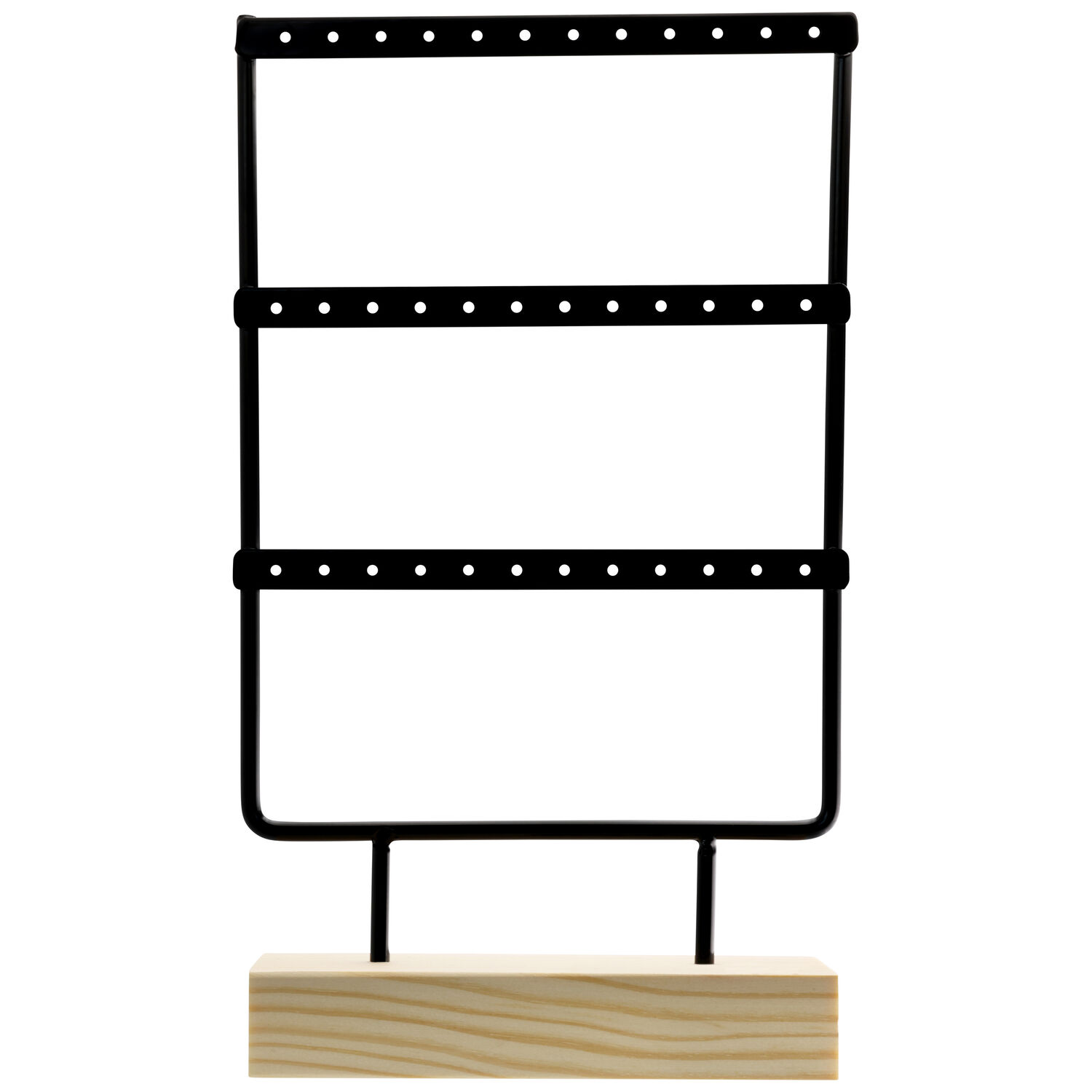 Schwarzer Metallständer auf hellem Holzsockel, mit Löchern für Ohrringe