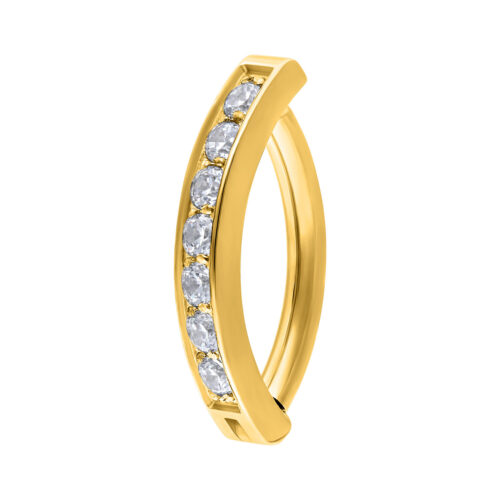 Goldener Bauchnabel Clicker aus Titan mit klaren Kristallen auf weißem Hintergrund