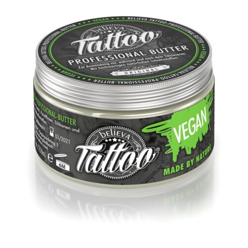 Believa Tattoo Butter in runder Dose, vegane Formel, grünes Design