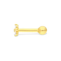 18K Gold Ohr Barbell mit drei Kristallen Goldener Ohr Barbell mit drei klaren Kristallen auf weißem Hintergrund