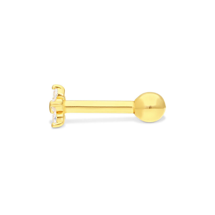 18K Gold Ohr Barbell mit drei Kristallen Goldener Ohr Barbell mit drei klaren Kristallen auf weißem Hintergrund