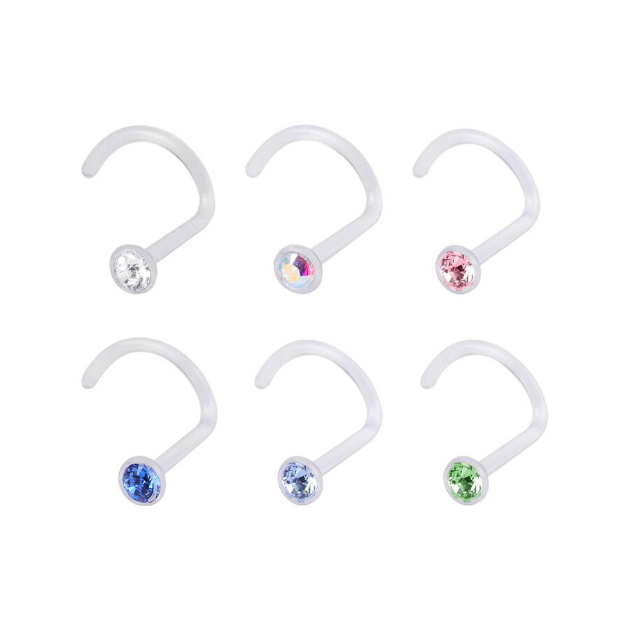 Sechs Nasenstecker aus Bioplast mit klaren, blauen und grünen Kristallen auf weißem Hintergrund