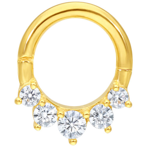 Goldfarbener Piercingring aus 18K Gold mit fünf klaren Kristallen auf weißem Hintergrund