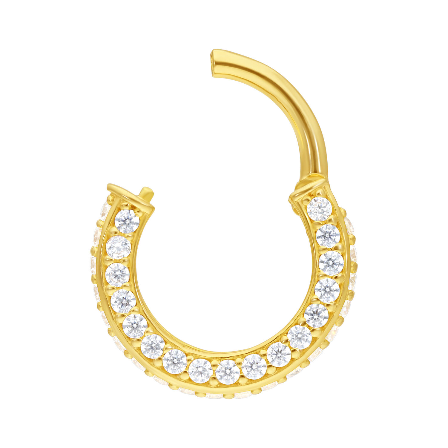 Goldener Piercingring mit klaren Kristallen auf weißem Hintergrund