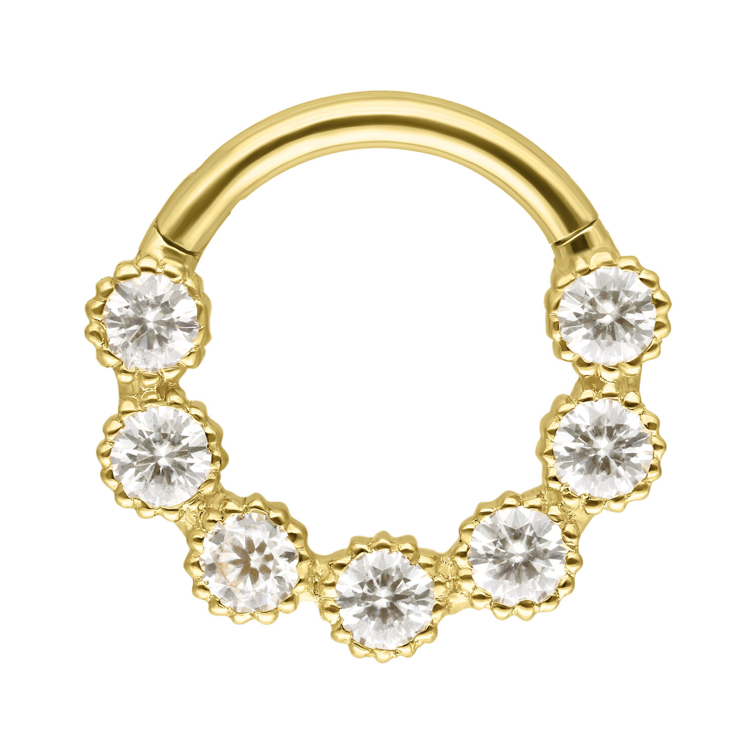 Goldener Septum-Ring mit sieben runden Moissanit-Kristallen vor weißem Hintergrund