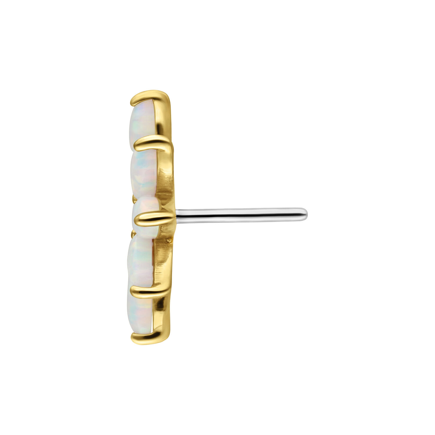 14K Gold Opal Aufsatz Push Fit Goldener Aufsatz mit synthetischen Opalen auf weißem Hintergrund