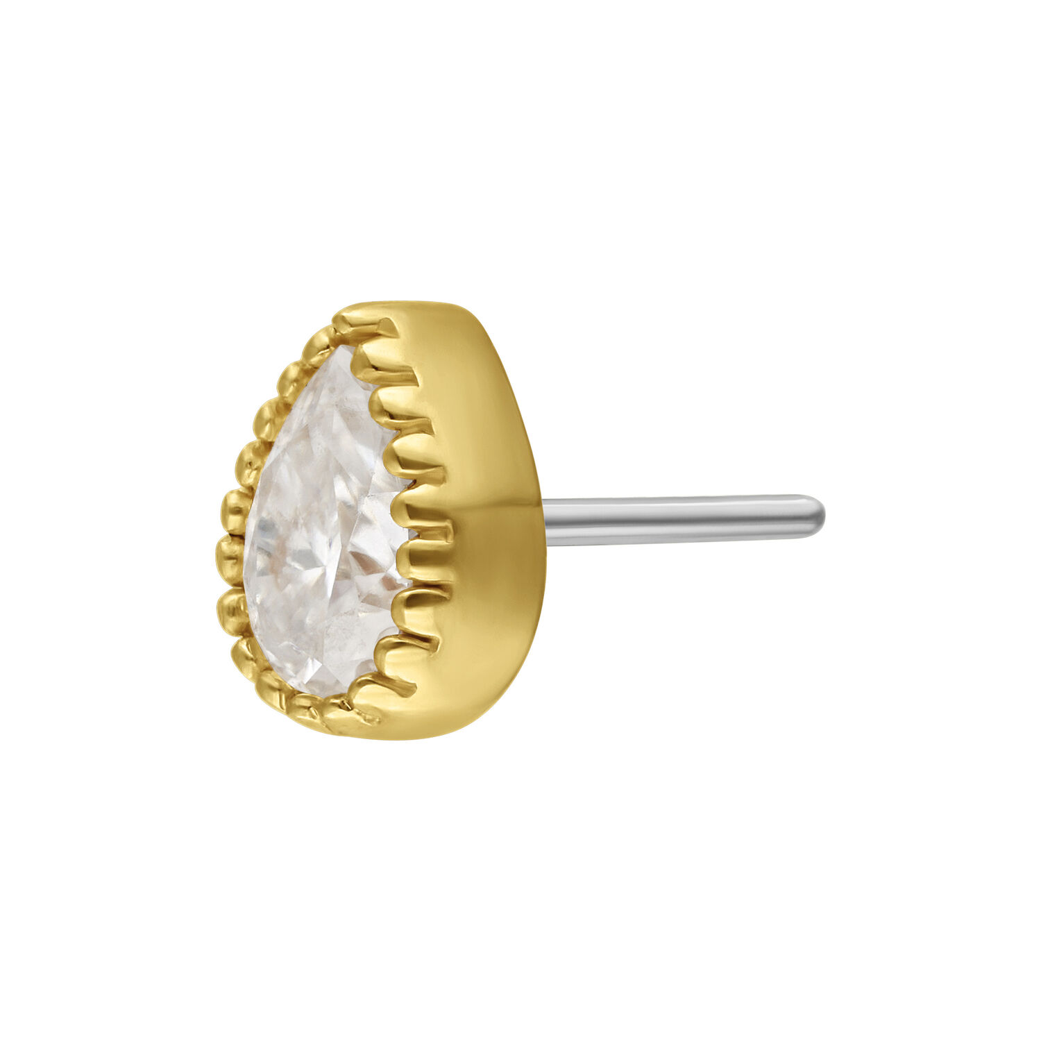 14K Gold Moissanit Aufsatz für Push Fit Goldener Push-Fit-Aufsatz mit klarer Moissanit-Kristall in Tropfenform auf weißem Hintergrund