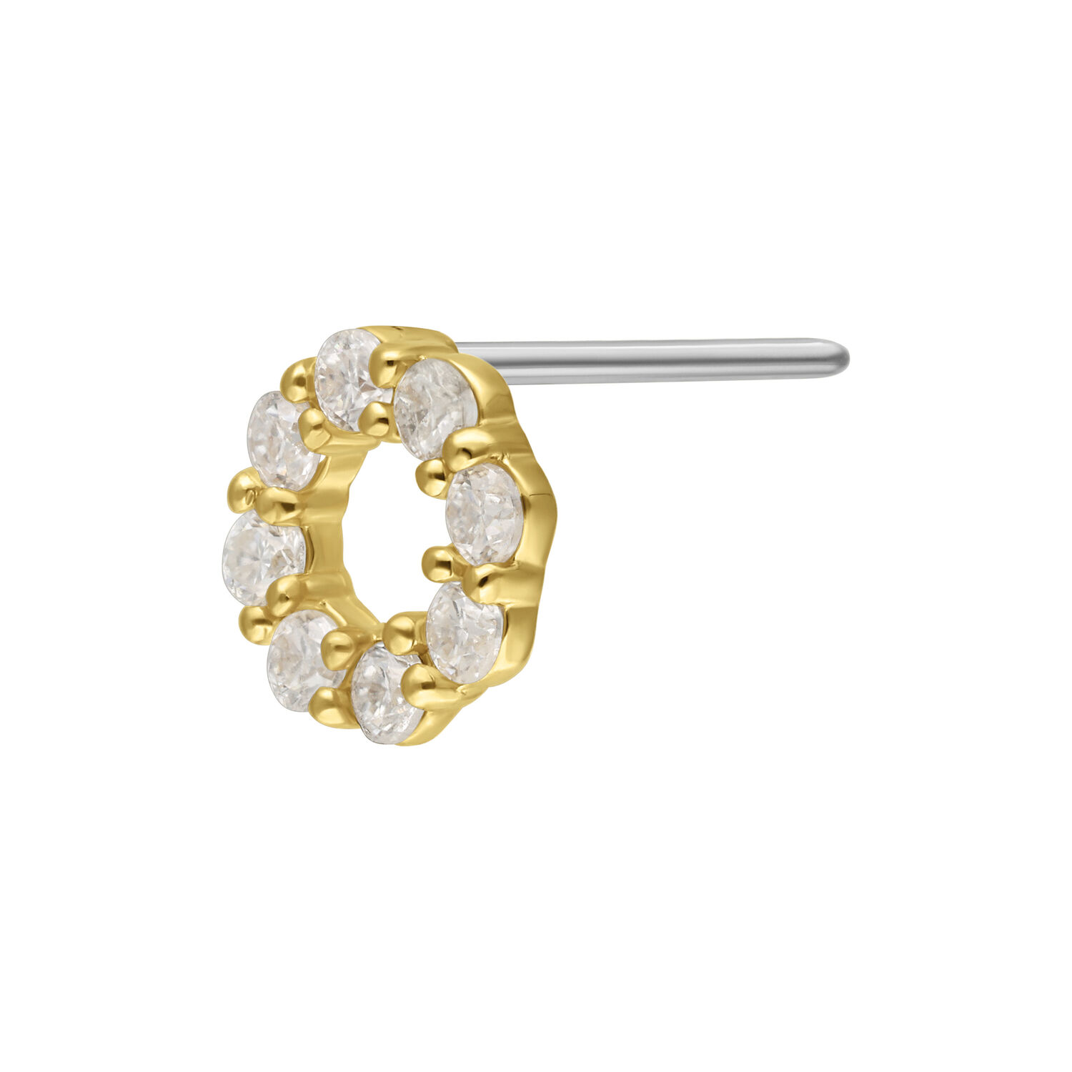 Goldener Push-Fit Aufsatz mit klaren Moissanit-Kristallen auf weißem Hintergrund