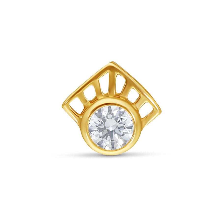 14K Gold Aufsatz mit klarem Kristall Goldener Piercingaufsatz mit klarem Kristall auf weißem Hintergrund