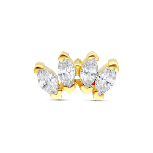 Goldener 14K Aufsatz mit vier klaren Kristallen auf weißem Hintergrund