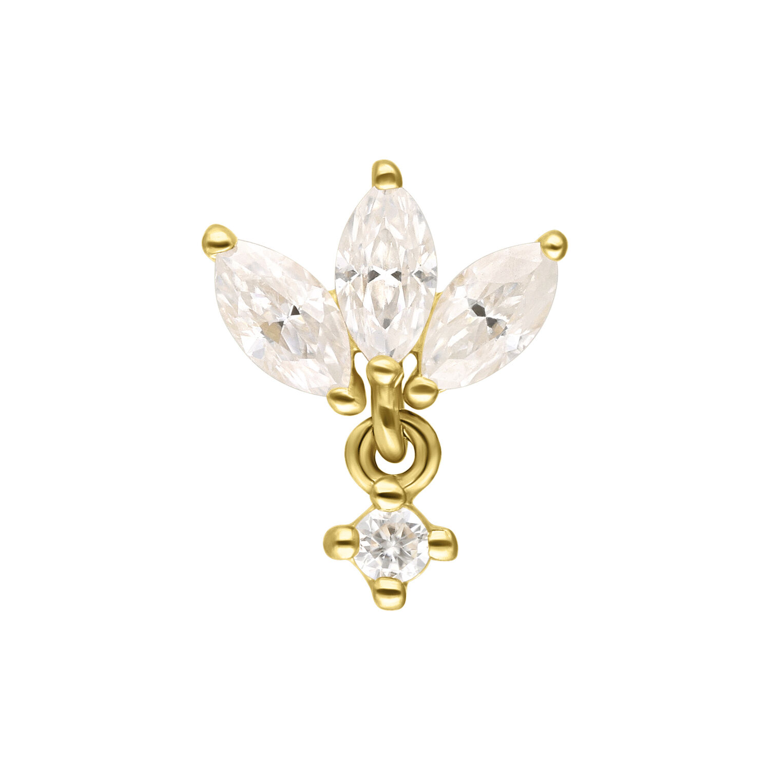 14K Gold Moissanit Lotus-Anhänger Goldener Lotus-Anhänger mit drei funkelnden Moissanit-Steinen auf weißem Hintergrund