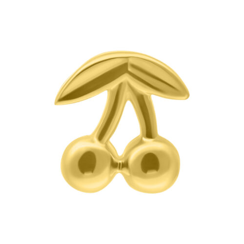 Goldener Cherry Aufsatz mit zwei Kirschen und Blättern auf weißem Hintergrund