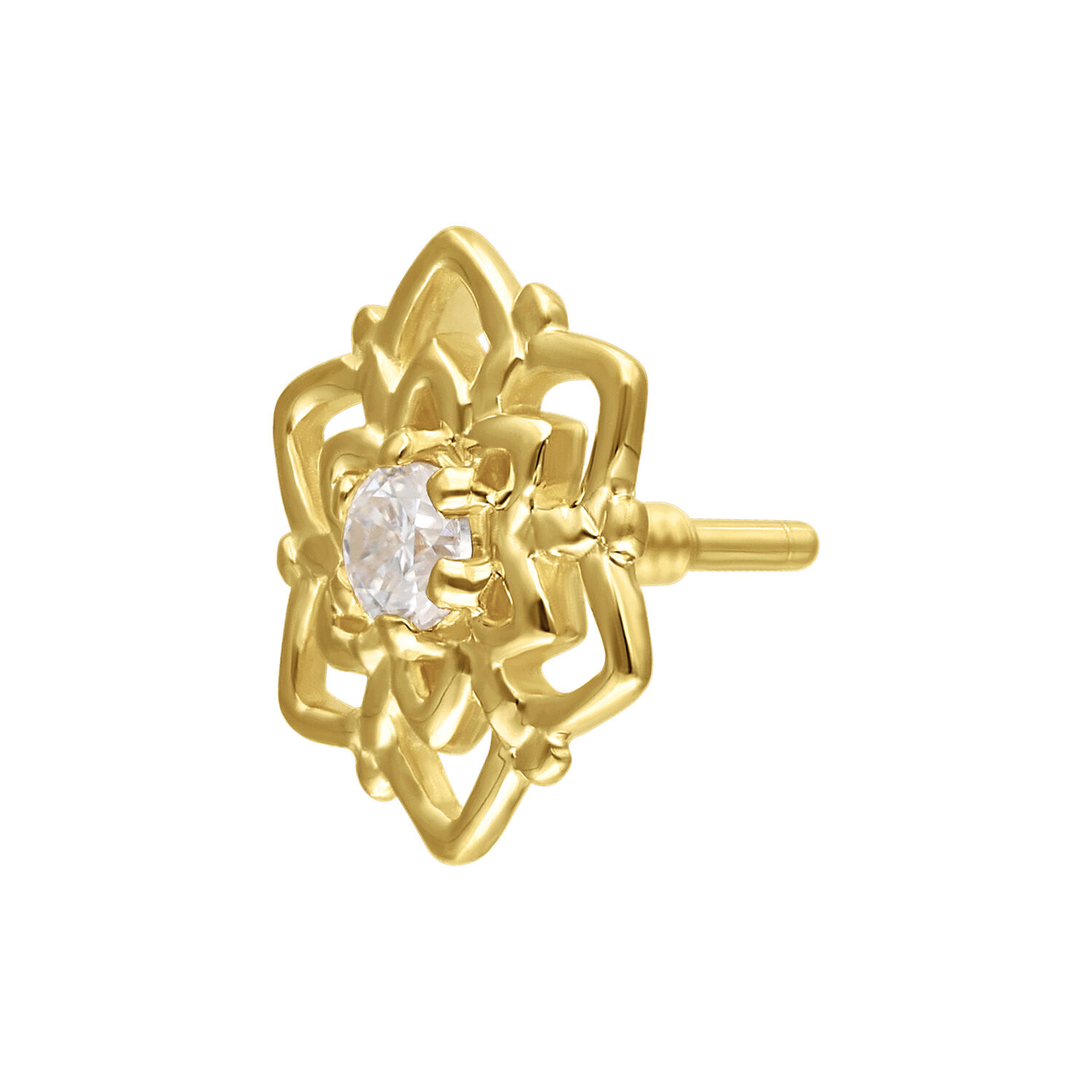 Goldener Blumenaufsatz mit Moissanit auf weißem Hintergrund