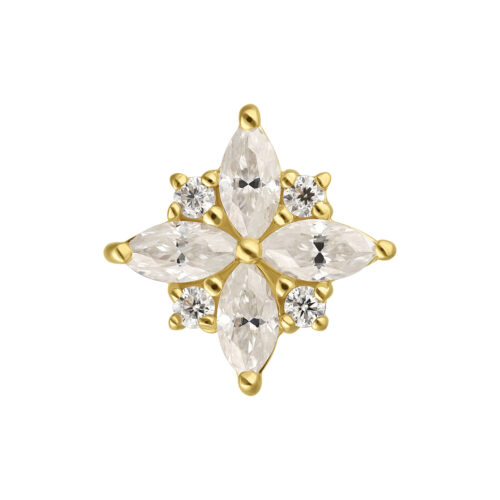 Goldener Moissanit Aufsatz in Blütenform auf weißem Hintergrund