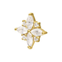 Goldener Blütenaufsatz mit Moissanit-Kristallen auf weißem Hintergrund