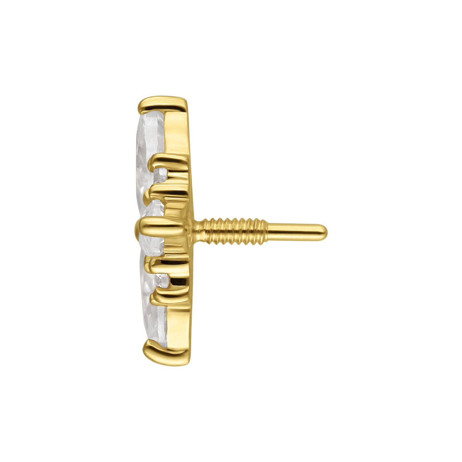 Seitliche Ansicht eines goldenen Moissanit Aufsatzes mit Innengewinde auf weißem Hintergrund