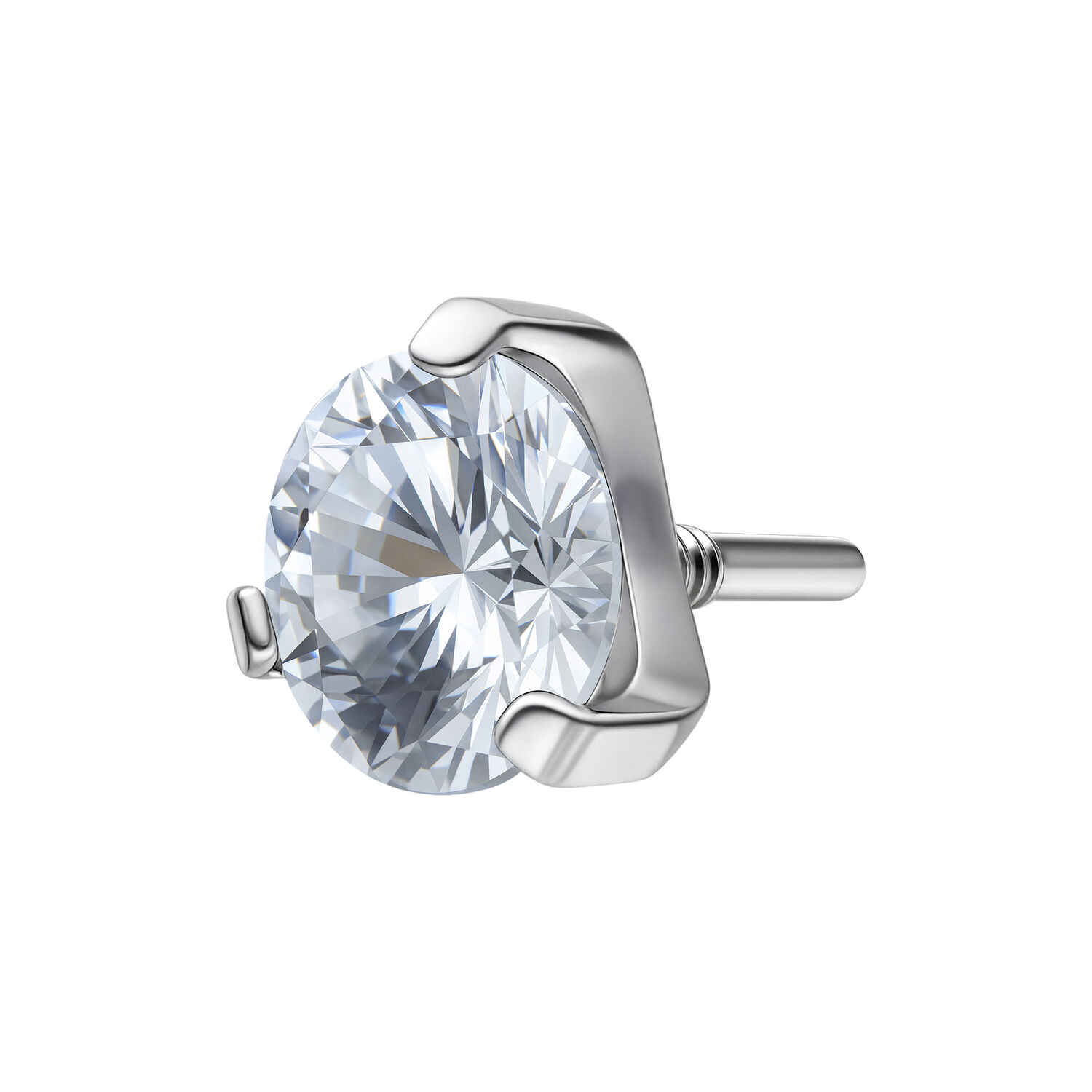 Silberfarbener Ohrstecker mit kristallklarem Stein, 2,5 mm groß auf weißem Hintergrund